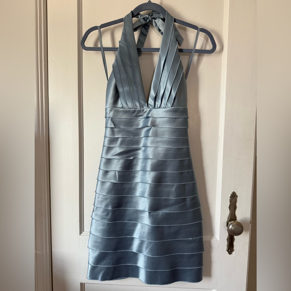 BCBGMaxAzria Backless Slate Blue Halter Cocktail Dress (altered to fit XS-00)